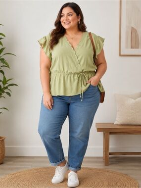 iris Olive Green Wrap Peplum Blouse